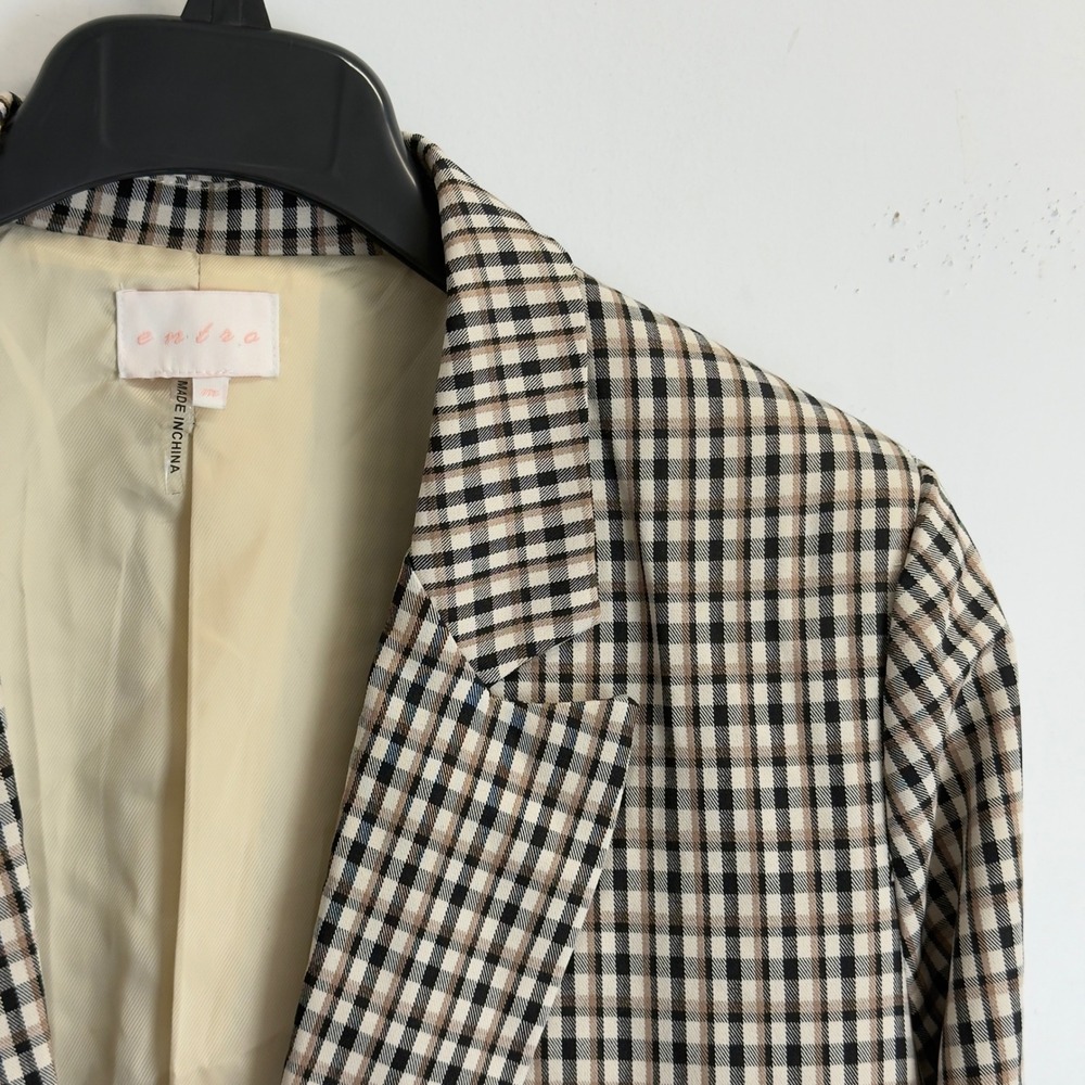 Entro Women Medium Brown Plaid Ruched 3/4 Sleeve Open Front Blazer Jacket - Picture 3 of 8